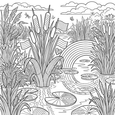 Embrace the spirit of love and diversity with this unique coloring page featuring a lush freshwater marsh. Discover hidden rainbow flags and patterns beautifully integrated into the natural wetland landscape.