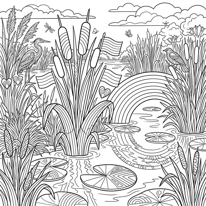 Embrace the spirit of love and diversity with this unique coloring page featuring a lush freshwater marsh. Discover hidden rainbow flags and patterns beautifully integrated into the natural wetland landscape.