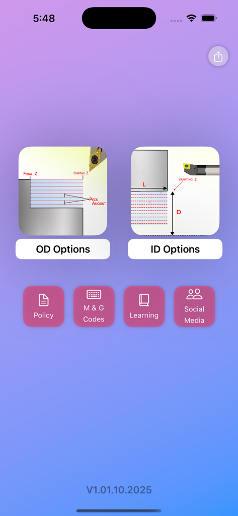 Cnc Turning Programming Pro - Home screen of the CNC Turning Programming Pro app with OD and ID options