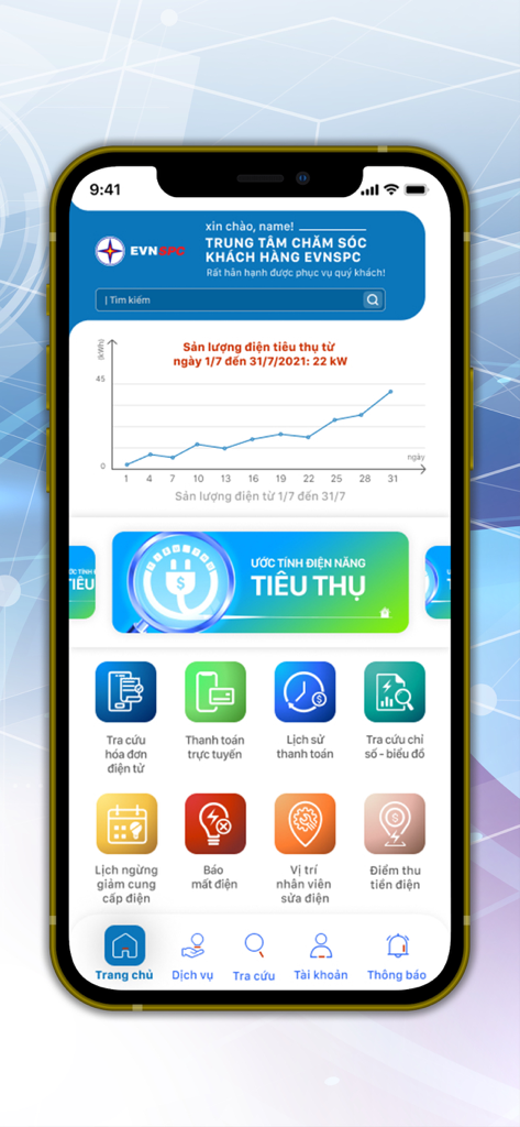 CSKH EVNSPC - 電力消費グラフとサービスアイコンが表示されたCSKH EVNSPCモバイルアプリのホーム画面