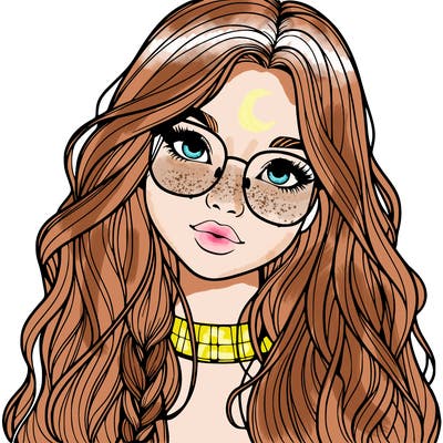 girl with long hair and freckles and glasses realistic