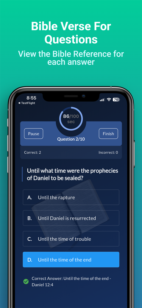 Bible Trivia Quiz - No Ads - Bible trivia quiz app interface showing a multiple choice question with a scripture reference for the correct answer