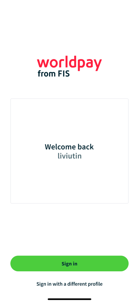 Worldpay Dashboard - Anmeldebildschirm der Worldpay Dashboard mobilen App mit einer Willkommensnachricht und einer Anmeldeschaltfläche