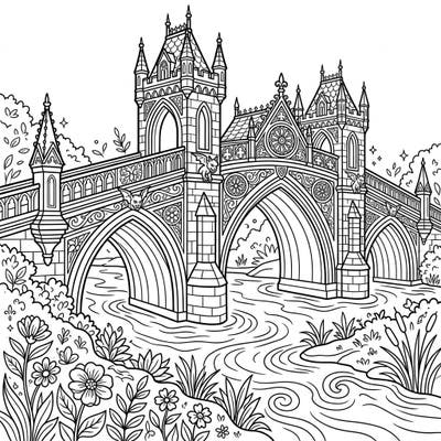 Immerse yourself in the unique fusion of a majestic Gothic bridge and a vibrant summer landscape. This intricate coloring page offers a captivating blend of mystery and natural beauty for you to bring to life.