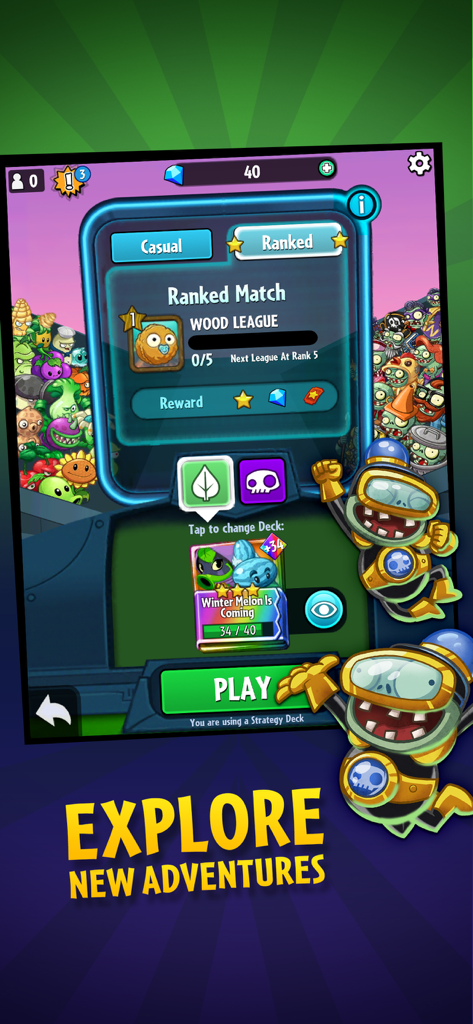 Plants vs. Zombies™ Heroes - Plants vs Zombies Heroes ranked match interface showing the Wood League and strategy deck selection