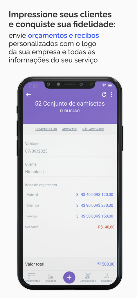 Qipu Contabilidade Abra CNPJ - Pantalla móvil de la aplicación Qipu Contabilidade que muestra una cotización de servicio para un cliente.
