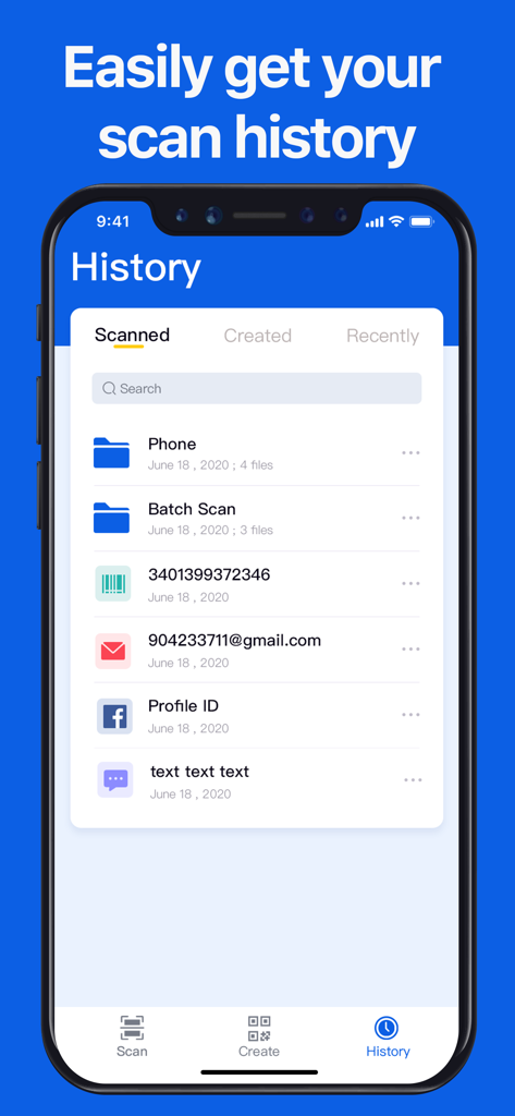 QR Code Reader - No Ads - L'écran d'un smartphone affichant la page d'historique des numérisations de l'application Lecteur de codes QR avec une liste de codes-barres et de codes QR numérisés récemment.