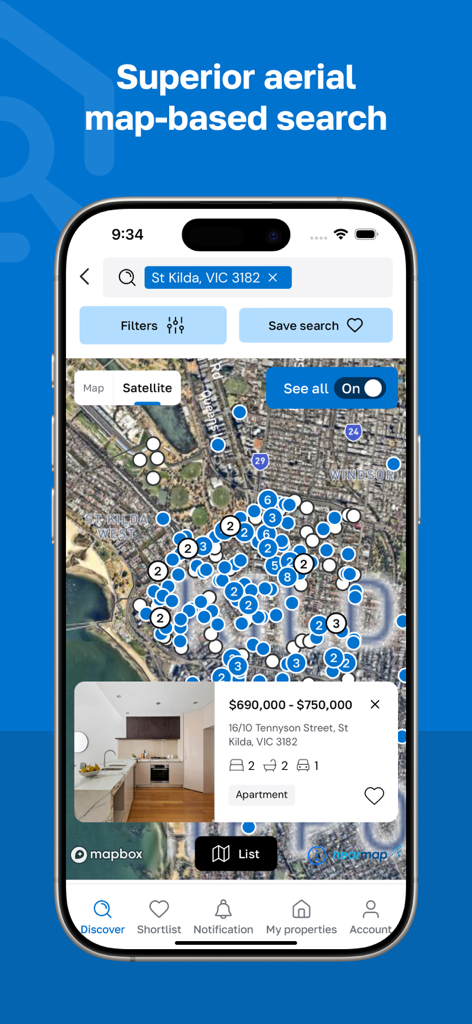 view.com.au - Mobile app interface of view.com.au showing an aerial satellite map search with property listings in St Kilda Australia.