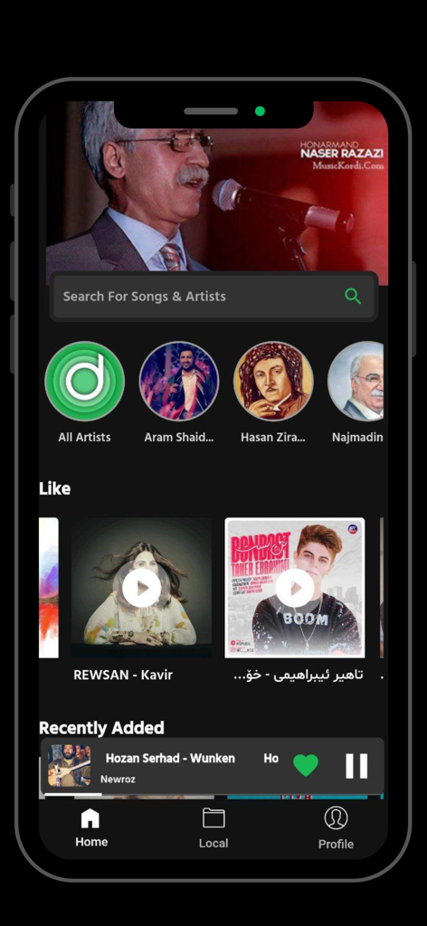 Dilan: Kurdish Music - Dilan Kurdish Music app home screen showing artists and playlists