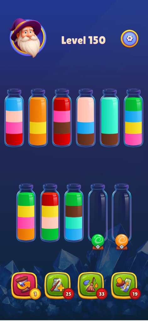 Magic Sort: Water Sort Puzzle - Gameplay-Bildschirm von Magic Sort Water Sort Puzzle, der bunte mit Flüssigkeit gefüllte Flaschen und die Figur Wizard George auf Level 150 zeigt