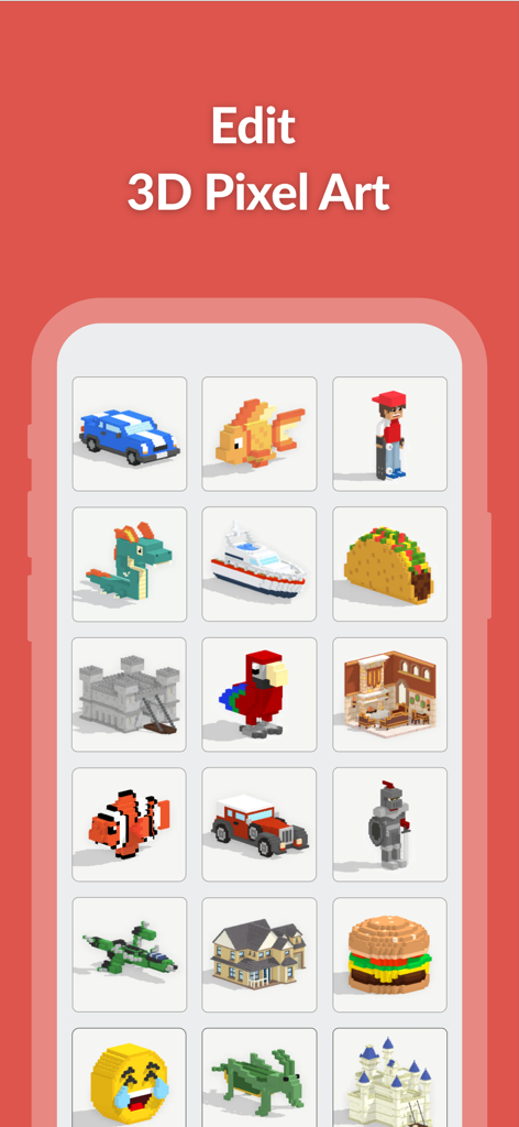 Eine mobile Benutzeroberfläche für Mega Voxels, die ein Raster verschiedener 3D-Voxelmodelle zeigt, darunter Tiere, Fahrzeuge und Gebäude unter dem Titel 3D-Pixel-Art bearbeiten