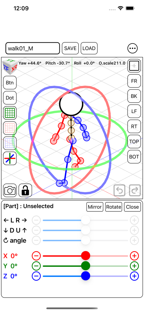 Stick Figure 3D Pose - Interfaccia dell'app Stick Figure 3D Pose che mostra un personaggio stickman con controlli di rotazione 3D e cursori di movimento
