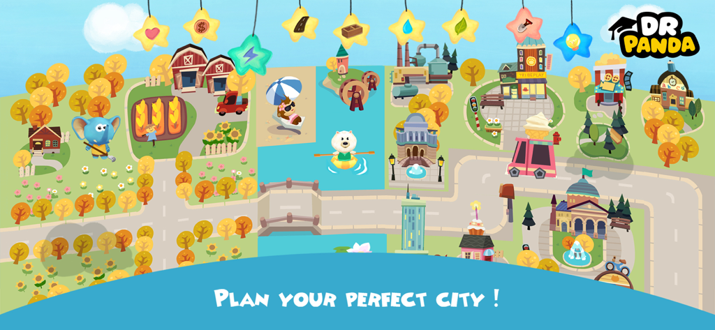 Hoopa City - A colorful cartoon city landscape with various buildings and interactive material icons in Hoopa City