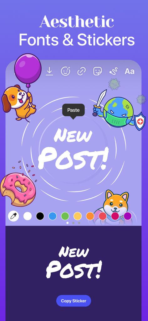 Good Fonts app interface showing a social media post editor with aesthetic fonts and cute stickers