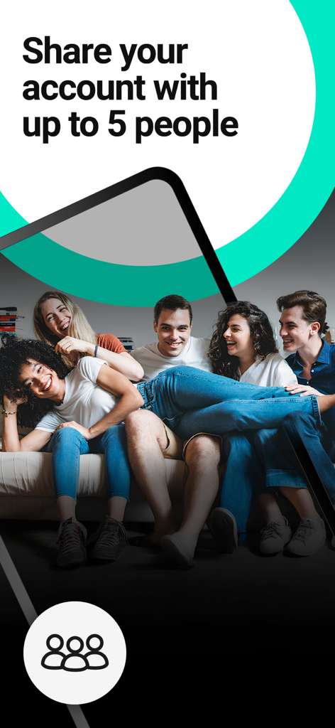 Cinque giovani adulti che sorridono insieme con un testo sulla condivisione di un conto bancario con un massimo di 5 persone