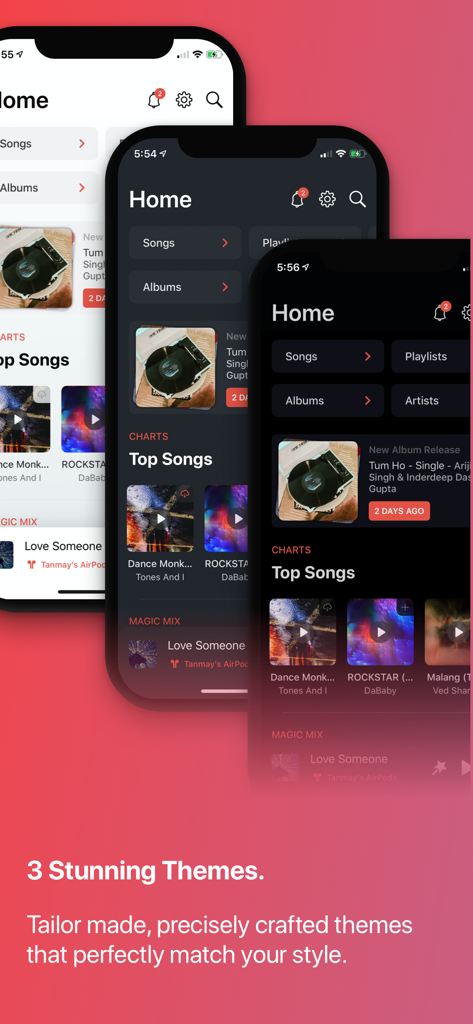 Soor music player app interface showcasing light dark and black themes on three iPhones