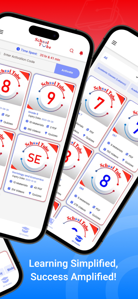 SchoolTube - Mobile interface of the SchoolTube app showing various academic grade levels and study materials including videos and quizzes