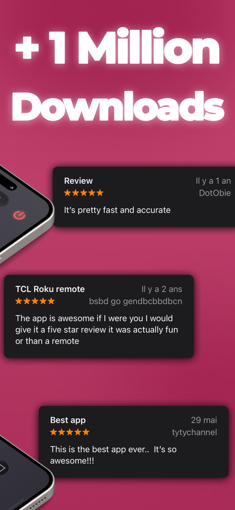 TCLee remote app showing positive user reviews and over one million downloads