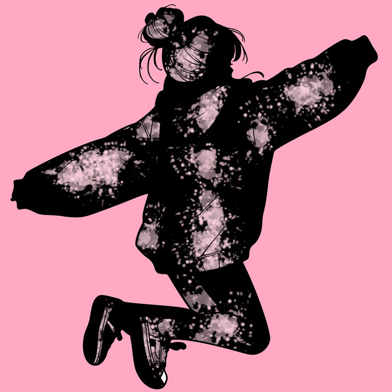 realistic girl jumping with a bun and oversized sweatshirt