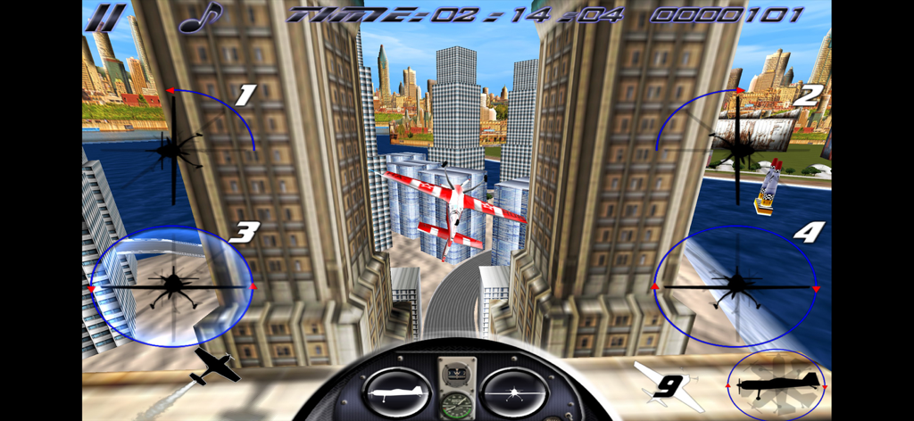 AirRace SkyBox - Cockpit view of a Sukhoi 26 plane racing through city buildings in AirRace SkyBox