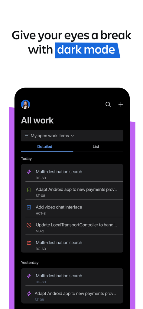 Jira Cloud by Atlassian - Jira Cloud Mobile-App mit der Dark-Mode-Oberfläche und einer Liste von Aufgaben
