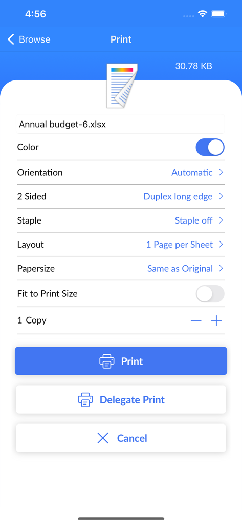 Ricoh myPrint mobile app interface showing print configuration options for a document
