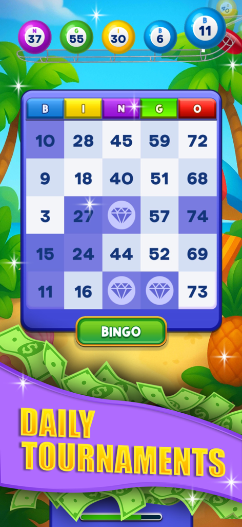 Bingo Mania: Fast & Skilled - Bingo Mania Mobile-Spielbildschirm, der eine Bingo-Karte mit dem Text Daily Tournaments vor einem Hintergrund von Geldscheinen zeigt