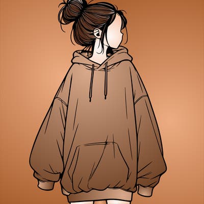 realistic girl with a oversized sweatshirt on and a bun