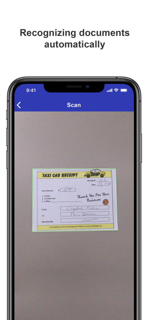 PaperScan - PaperScan app interface showing the automatic recognition and scanning of a taxi receipt