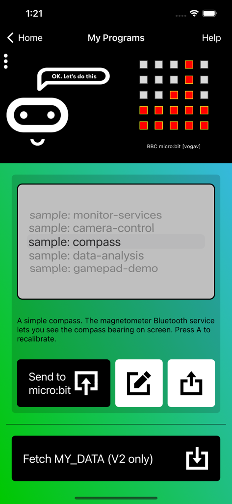 Microbit app My Programs screen displaying a compass coding project