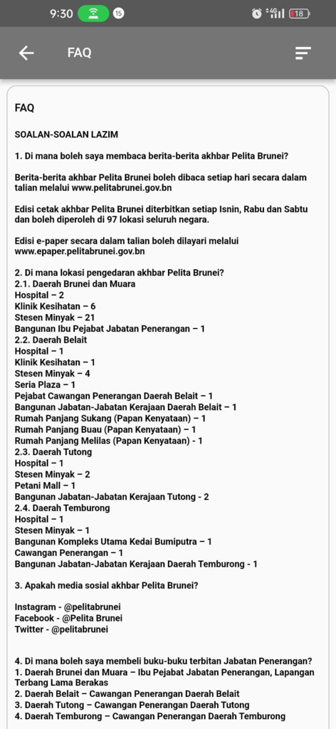 Frequently Asked Questions page in the InfoDeptBN mobile application showing news distribution details in Brunei