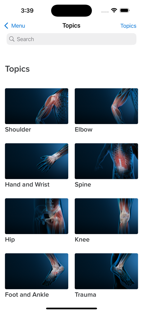 Topics screen of the OrthoPedia Academics app showing orthopedic medical categories.