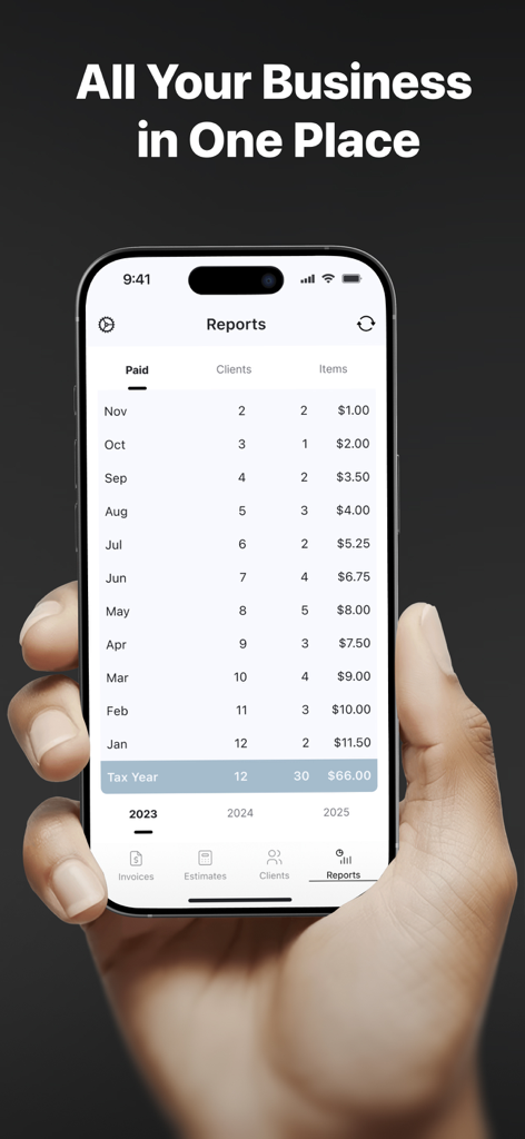 iPhone exibindo relatórios de receita mensal de negócios e resumo do ano fiscal no aplicativo Criador de Faturas
