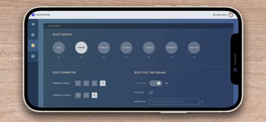 NeuroTrackerX - Interface de l'application NeuroTrackerX pour sélectionner les exercices et les paramètres d'entraînement cognitif