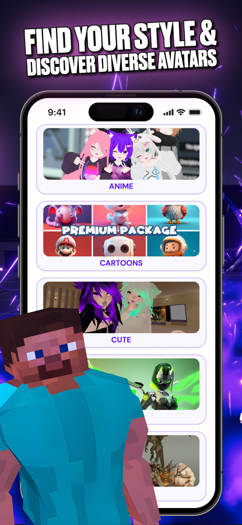 Interfaz de Creador de Avatares de IA para VRChat mostrando categorías de estilos de avatares de anime y caricatura