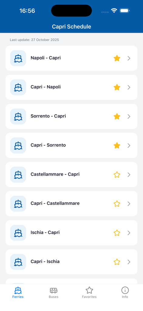 Capri Schedule - List of ferry routes between Capri and various Italian ports like Naples and Sorrento in the Capri Schedule mobile app interface