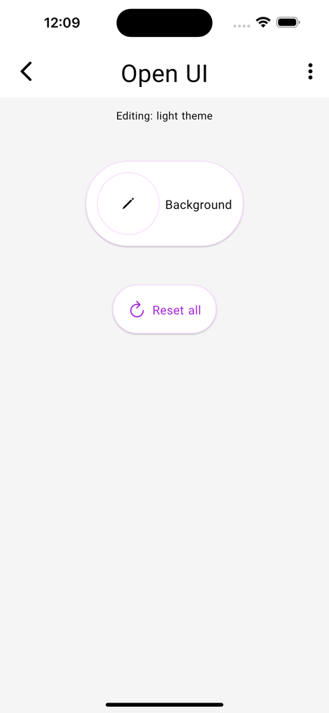 Open UI app screen for editing light theme background and reset options