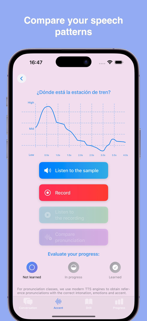 Conversation IQ：Language Coach - A mobile screen showing a speech pattern comparison graph for accent and pronunciation training.