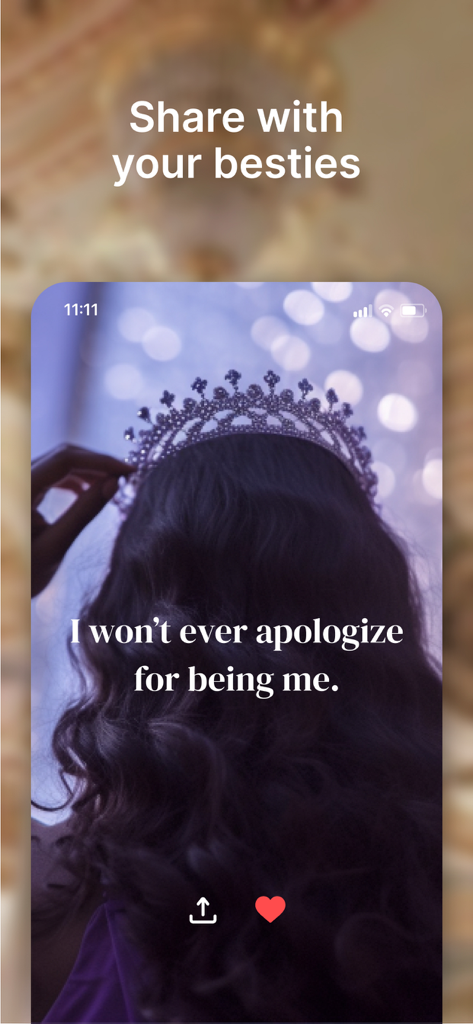Manifest Affirmations - Manifest Affirmations app screen showing an empowerment quote on an aesthetic background featuring a woman wearing a crown.