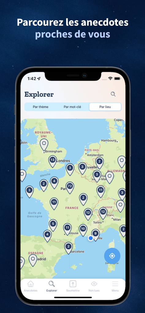 Se Coucher Moins Bête - Se Coucher Moins Bete app interface displaying a map with trivia pins located across Europe
