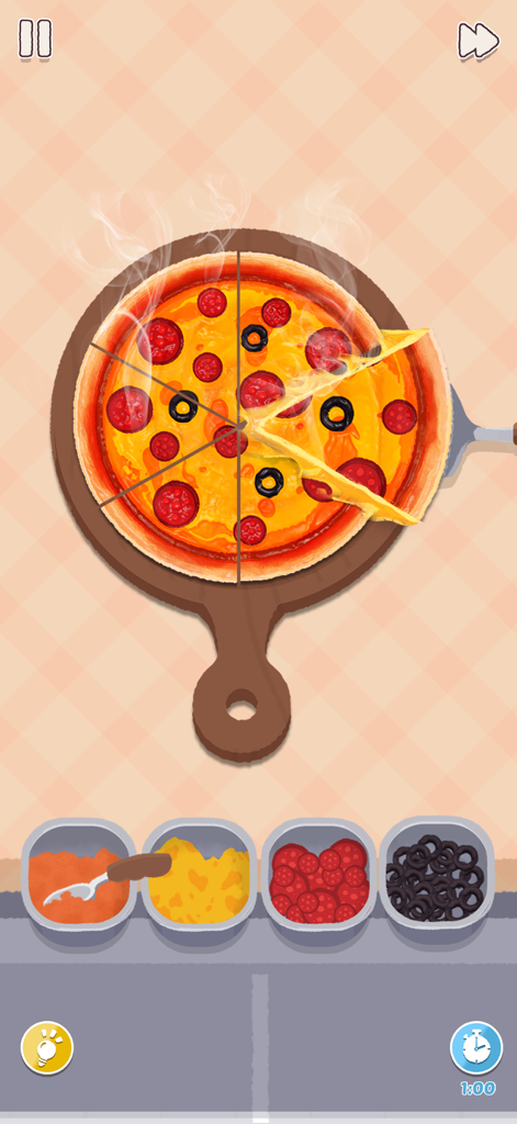 A steaming pepperoni and olive pizza being sliced on a wooden board in a satisfying organizing game.