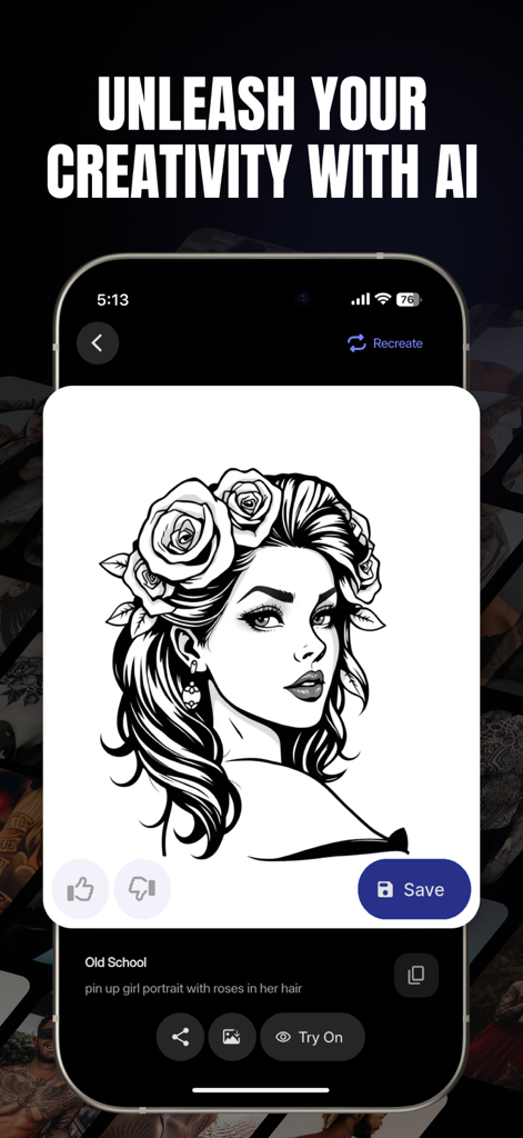 Tattoo Designs App: TattooInk - TattooInkアプリのインターフェースで、髪にバラをあしらったAI生成のピンナップガールタトゥーデザインを表示するモバイル画面。