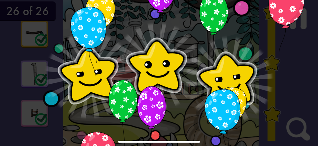 Hidden Object Puzzles For Kids - Celebratory screen with three smiling yellow stars and floral balloons in a children's puzzle app