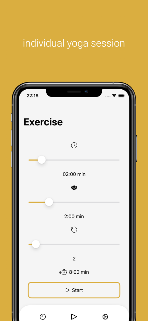 iGong - Yoga & Meditation - Screenshot of the iGong app showing the individual yoga session exercise settings with sliders for time and repetitions