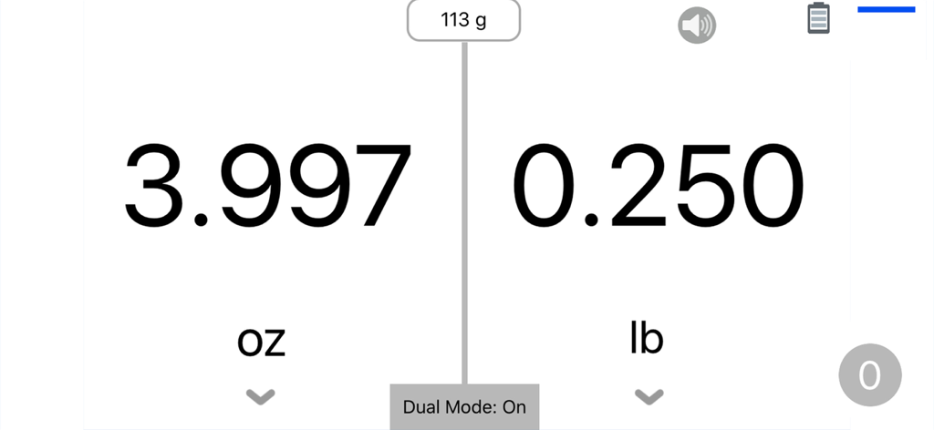 Just Scale kitchen scale - Just Scale app interface showing weight measurements in ounces and pounds simultaneously with dual mode enabled