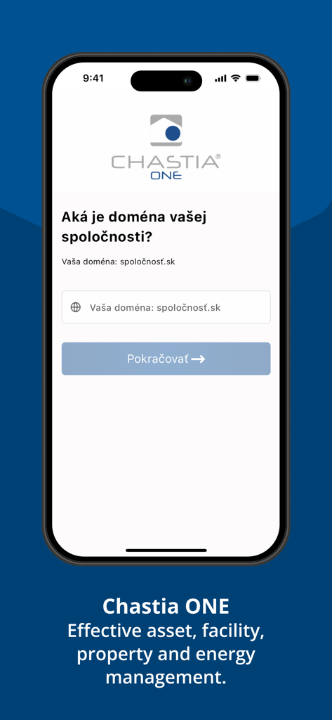 Chastia ONE - Chastia ONE mobile app domain setup screen for facility and asset management.