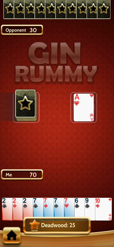 Gin Rummy Classic card offline - Interfaz de juego del juego de cartas sin conexión Gin Rummy Classic mostrando una mano de cartas y la puntuación