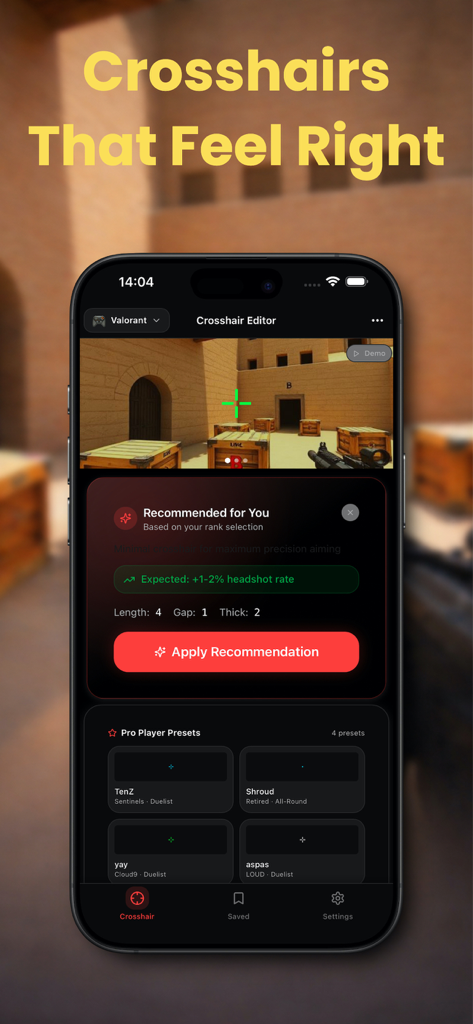 Custom Crosshair Overlay app interface showing pro player presets and rank based crosshair recommendations for FPS games