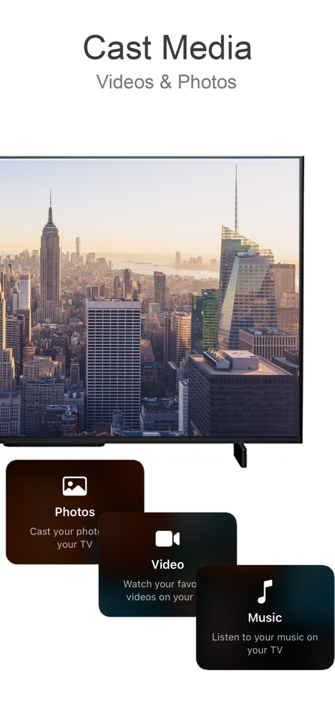 Interface of AllShare Cast app showing options to cast photos videos and music to a television