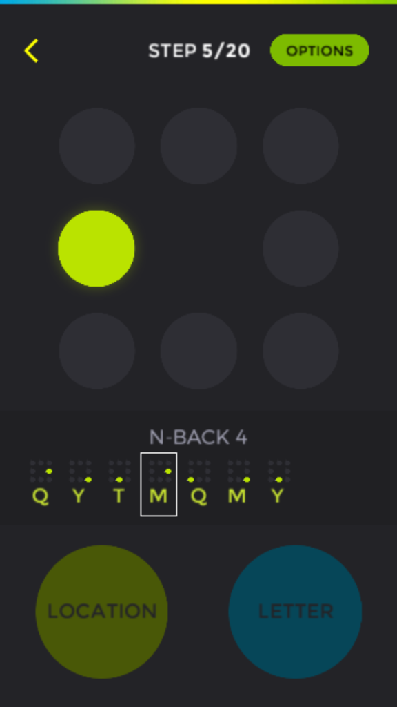 Dual N Back Pro gameplay interface showing an n-back 4 cognitive training task with location and letter matching
